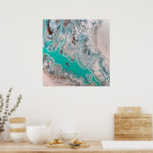 ブルーターコイズロックルマーブルアートユニーク ポスター (キッチン)