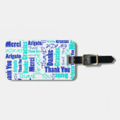 ブルーターコイズ多言語感謝状Wordコラージュ ラゲッジタグ (正面横)