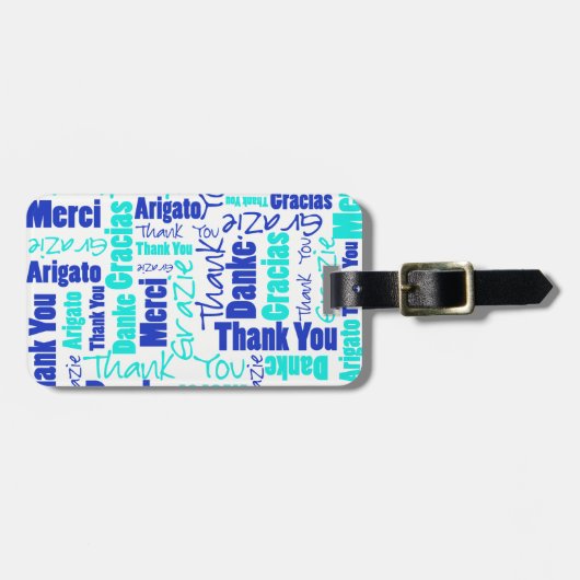 ブルーターコイズ多言語感謝状Wordコラージュ ラゲッジタグ (正面横)