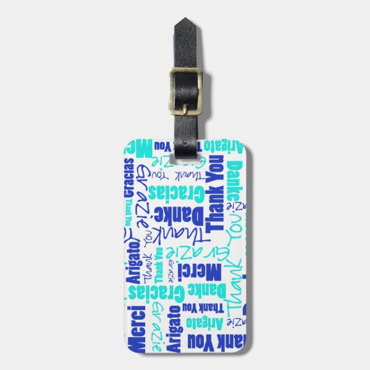 ブルーターコイズ多言語感謝状Wordコラージュ ラゲッジタグ (正面縦)