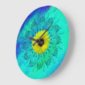 ブルーターコイズ星空銀河系マンダラとヒマワリ ラージ壁時計 (傾斜)