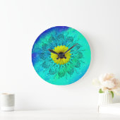ブルーターコイズ星空銀河系マンダラとヒマワリ ラージ壁時計 (ホーム)