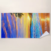 ブルーターコイズ海サンセット ビーチタオル (正面)