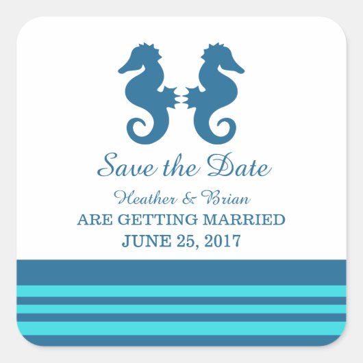 ブルーターコイズ航海のシーホース日付を保存 スクエアシール (正面)