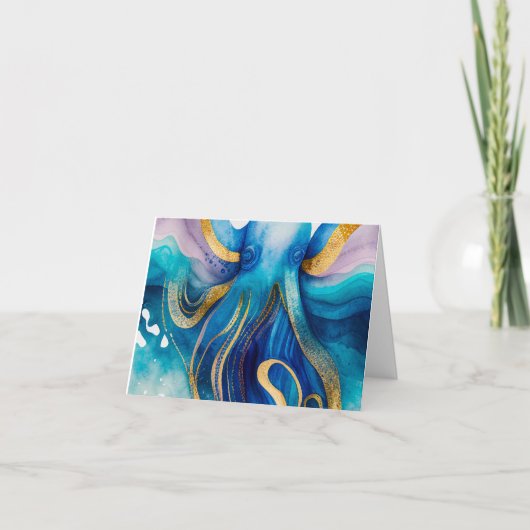 ブルーターコイズ金ゴールドタコ空白のグリーティングカード カード (正面)