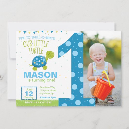 ブルータートルファースト誕生日パーティーの招待状 招待状 (正面)