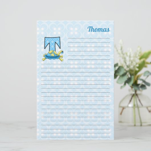 ブルータートルモングラム文字T (名前が並んだ文字) 便箋 (スタンド正面)