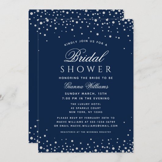 ブルーダイアモンズモダンラグジュアリーブライダルシャワー 招待状 (正面/裏面)