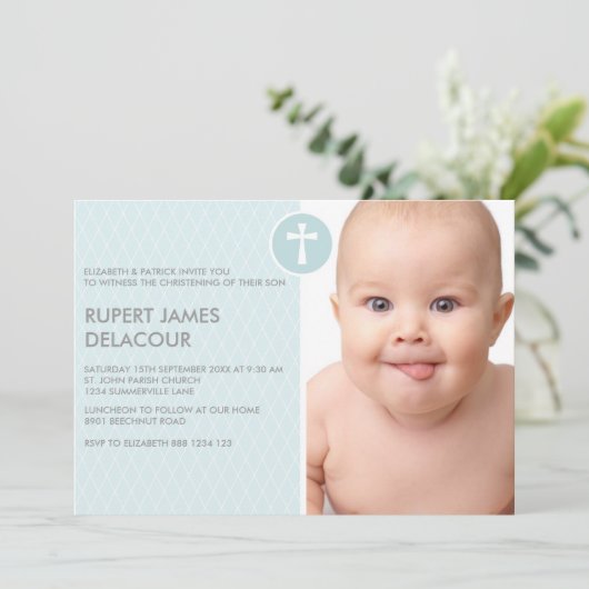 ブルーダイアモンドクロスフォト《キリスト教》洗礼式や命名式招待状 招待状 (スタンド正面)