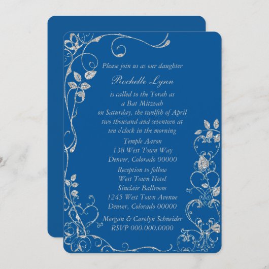 ブルーダイヤフェイクモンドハートスワールバルミツワー 招待状 (正面/裏面)