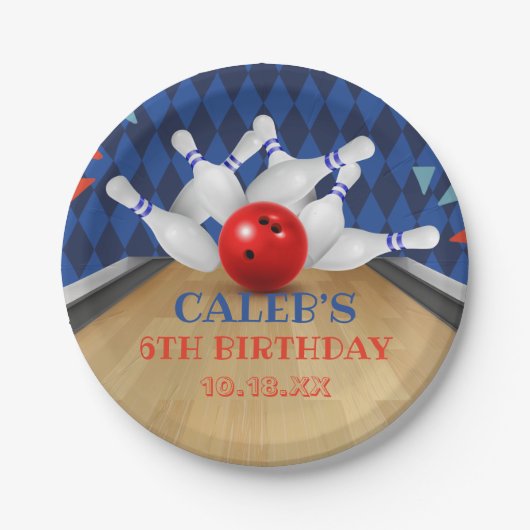 ブルーダイヤモンドストライプボーリングレッツストライク誕生日 ペーパープレート (正面)