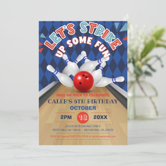ブルーダイヤモンドストライプボーリングレッツストライク誕生日 招待状 (スタンド正面)
