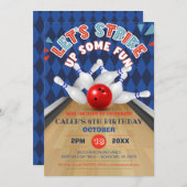 ブルーダイヤモンドストライプボーリングレッツストライク誕生日 招待状 (正面/裏面)