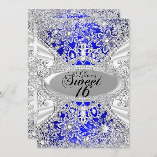 ブルーダイヤモンドスノーフレーク冬ワンダーランドスウィート16 招待状 (正面/裏面)