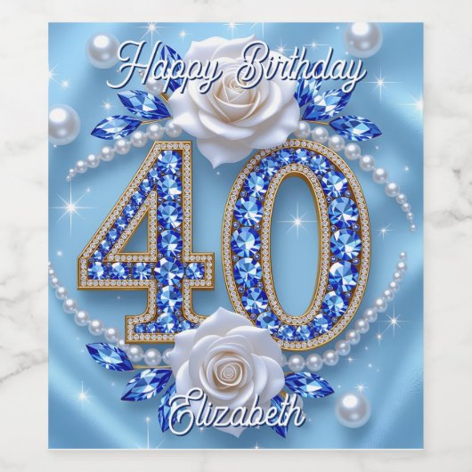 ブルーダイヤモンド真珠とホワイトローズ40歳の誕生日 ワインラベル (シングルラベル)