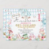 ブルーダイヤモンド金ゴールドアリス一面一誕生日I 招待状 (正面/裏面)