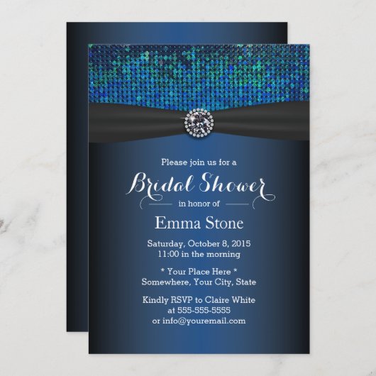 ブルーダイヤ王室のモンドとリボンブライダルシャワー 招待状 (正面/裏面)