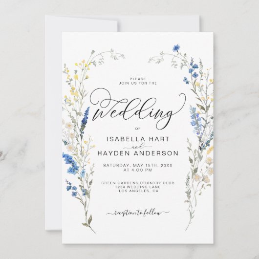 ブルーダスティイエローディンティフローラボタニカル結婚ズ 招待状 (正面)