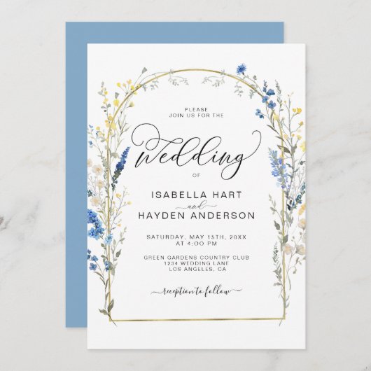 ブルーダスティワイルドフラワーフローラゴールドフォイル結婚ズ 招待状 (正面/裏面)