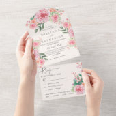 ブルーダスティー赤面ピンク&ピーチフローラ結婚ズ オールインワン招待状 (貼ってはがせる)