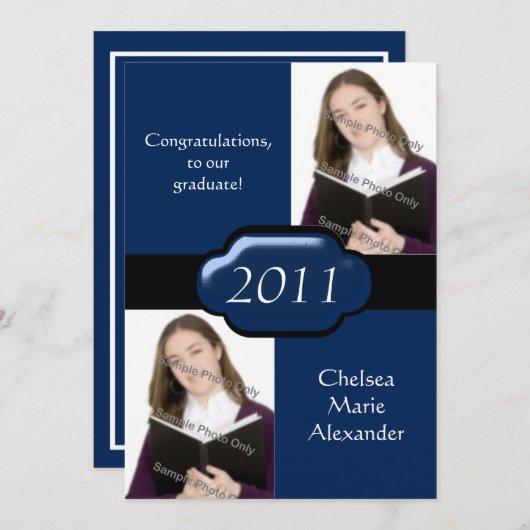 ブルーダブルフォト卒業パーティー招待状 招待状 (正面/裏面)