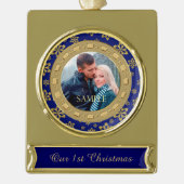 ブルーダブルフレームスノーフレーク初めてのクリスマス ゴールドプレートバナーオーナメント (正面)