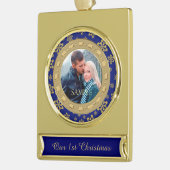 ブルーダブルフレームスノーフレーク初めてのクリスマス ゴールドプレートバナーオーナメント (左)