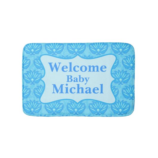 ブルーダマスクウェルカムネームパーソナライズされた男の赤ちゃんラグ バスマット (正面)