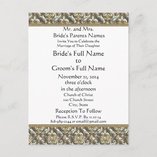 ブルーダマスクオングレー結婚式招待状 インビテーションポストカード (正面)