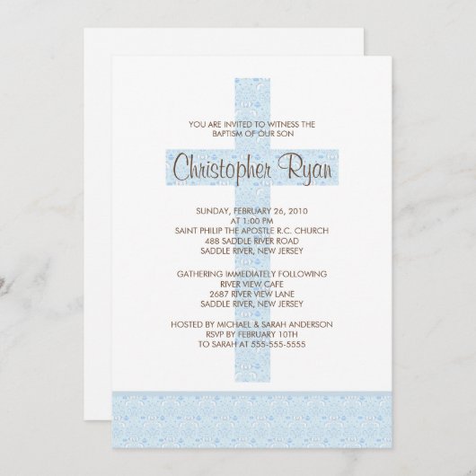 ブルーダマスククロス男の赤ちゃんバプティスマ 招待状 (正面/裏面)