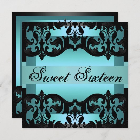 ブルーダマスクスウィート16エレガント誕生日招待状 招待状 (正面/裏面)