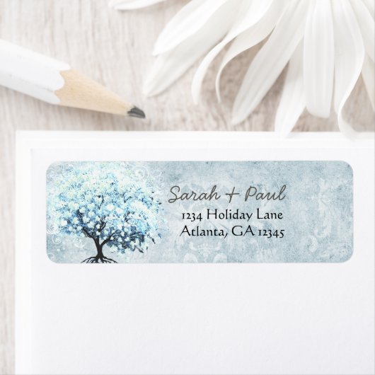 ブルーダマスクハートリーフ結婚ツリーの戻りラベル ラベル (インサイチュ)