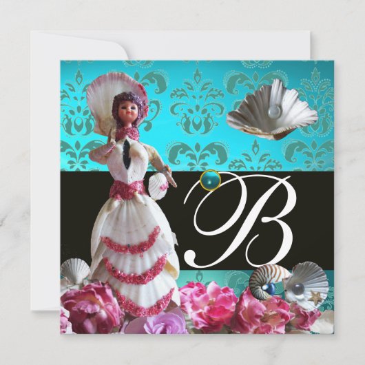 ブルーダマスクビーチ結婚式-ブライダルシャワーモノグラム 招待状 (正面)