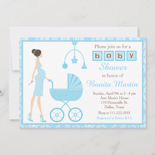 ブルーダマスクブルネット期待の男の子の赤ちゃんシャワー 招待状 (正面)