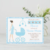 ブルーダマスクブルネット期待の男の子の赤ちゃんシャワー 招待状 (スタンド正面)