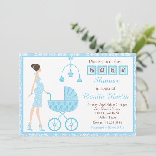 ブルーダマスクブルネット期待の男の子の赤ちゃんシャワー 招待状 (スタンド正面)