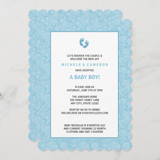 ブルーダマスクボーイベビーシャワー招待状w足 招待状 (正面/裏面)