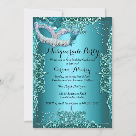 ブルーダマスクマスカレードパーティー誕生日招待状 招待状 (正面)