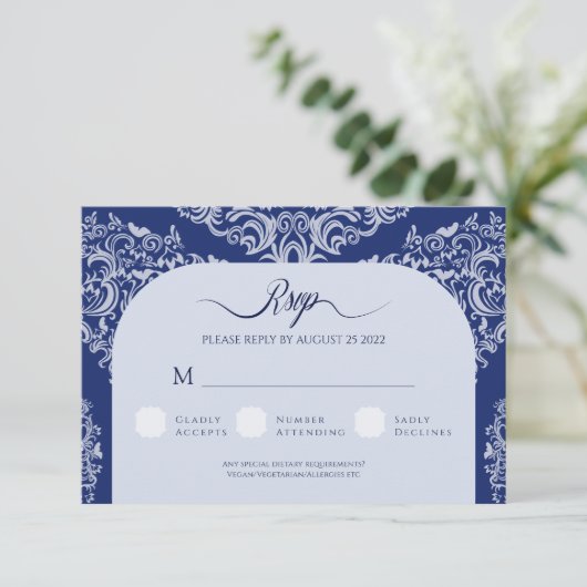 ブルーダマスク結婚式RSVP返信カード 出欠カード (スタンド正面)