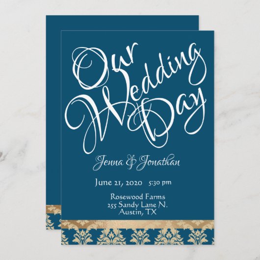 ブルーダマスク金ゴールドスエレガントクリプト結婚式の日 招待状 (正面/裏面)