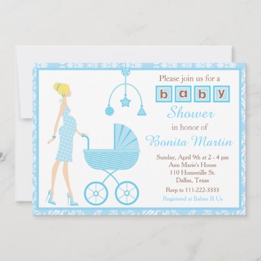 ブルーダマスク金髪の男の子の赤ちゃんシャワーを期待 招待状 (正面)