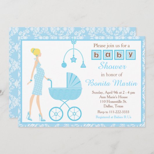 ブルーダマスク金髪の男の子の赤ちゃんシャワーを期待 招待状 (正面/裏面)