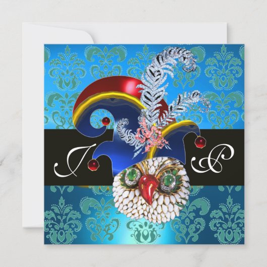 ブルーダマスク，ジュエルフクロウ，小妖精や小人帽子，ダイヤモンドの羽 招待状 (正面)