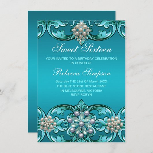 ブルーダマスク&パールスウィート16誕生日招待状 招待状 (正面/裏面)