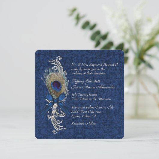 ブルーダマスク&ピーコックフェザー結婚式招待状 招待状 (スタンド正面)