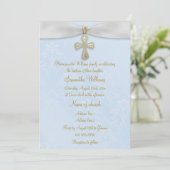 ブルーダマスク、ホワイトリボン&金ゴールドクロスバプテスマ 招待状 (スタンド正面)