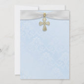 ブルーダマスク、ホワイトリボン&金ゴールドクロスバプテスマ 招待状 (裏面)