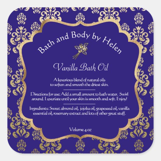 ブルーダマスク&金ゴールドフォイル石鹸の化粧品ラベル – 1 スクエアシール (正面)