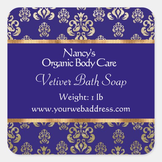 ブルーダマスク&金ゴールドフォイル石鹸&化粧品ラベル – 2 スクエアシール (正面)