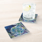 ブルーダリアネイビーティール（緑がかった色）シナフローラ水彩 ガラスコースター (アングル)